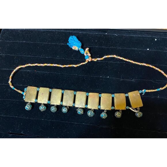 Vintage Bohemian Blue & Gold Gypsy Choker Necklace With Beaded Pendants - Picture 3 of 16